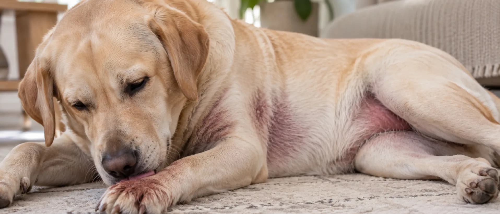 Labrador lambendo a pata, com o pelo entre os dedos manchado e a barriga avermelhada