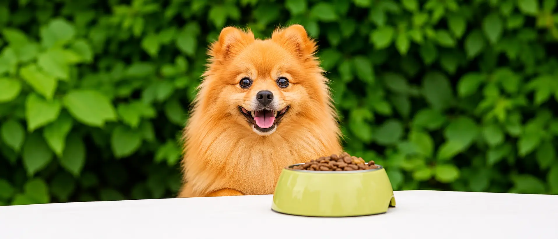 cachorro olhando para um pote de ração. E é um spits alemão